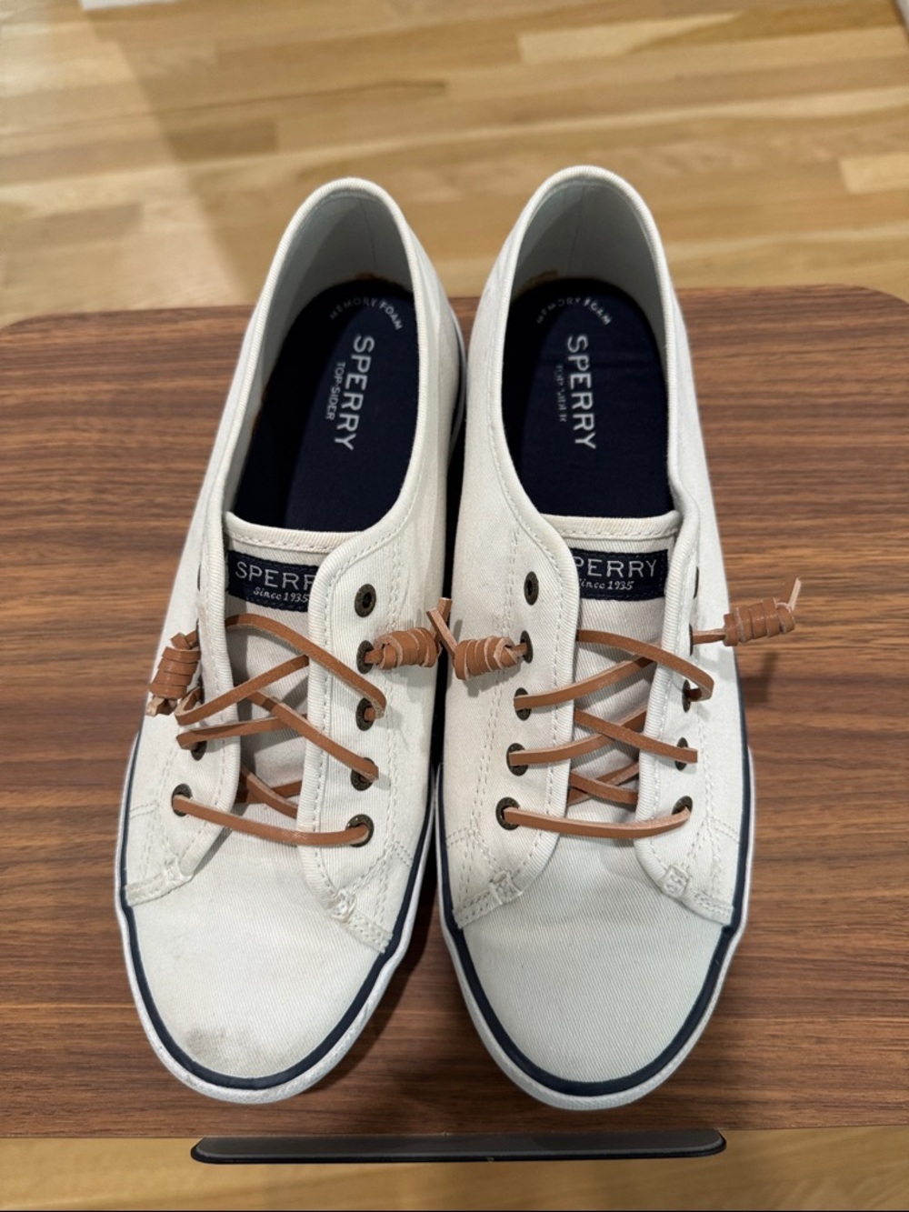 Sperry Women's White Canvas Sneaker with Brown Leather Laces